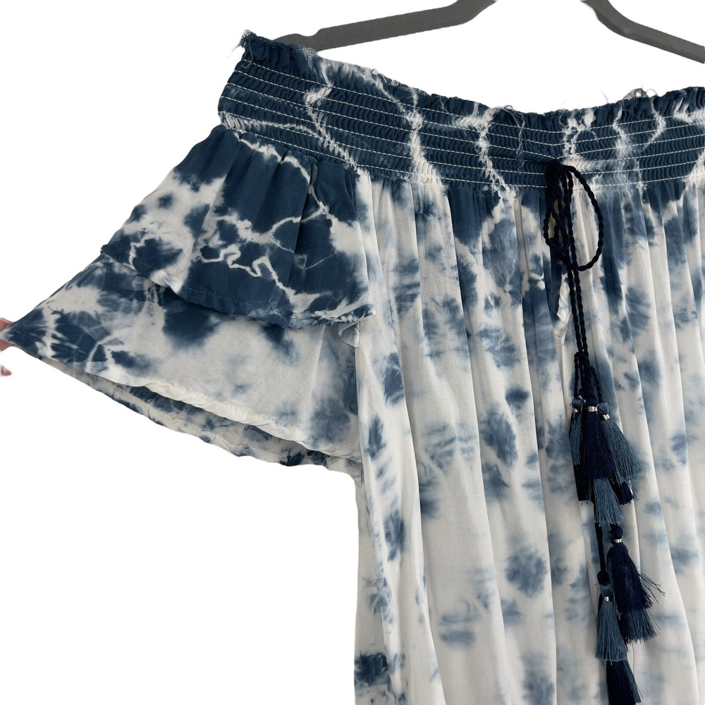 Surf Gypsy Shirt Womens Off Shoulder Blue Tie Dye Flowy Tassel Short Sleeve S - Picture 5 of 10